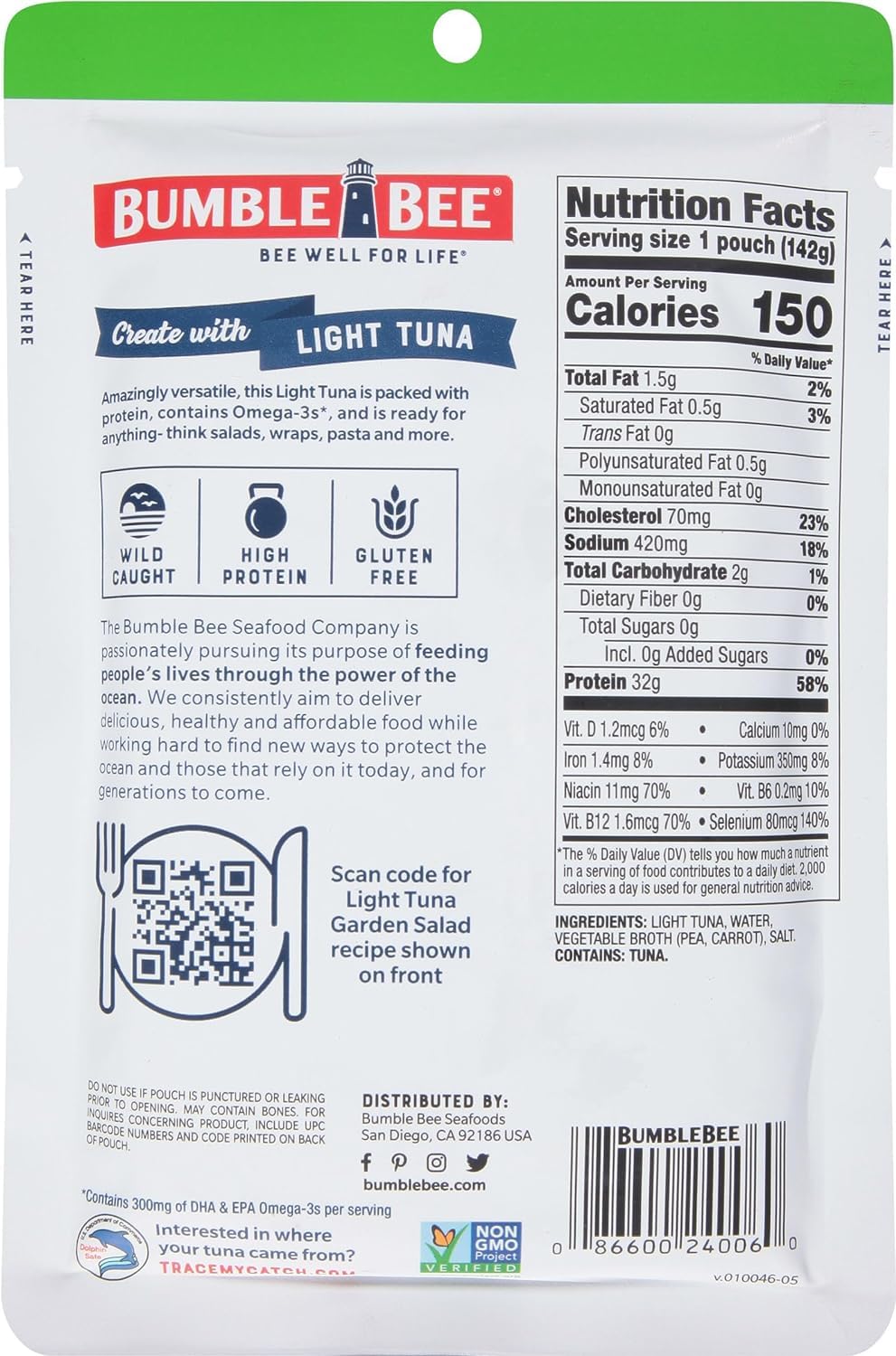 Bumble Bee Chunk Light Tuna in Water Pouches – 12 Pack, 32g Protein per Pouch, MSC Sustainable