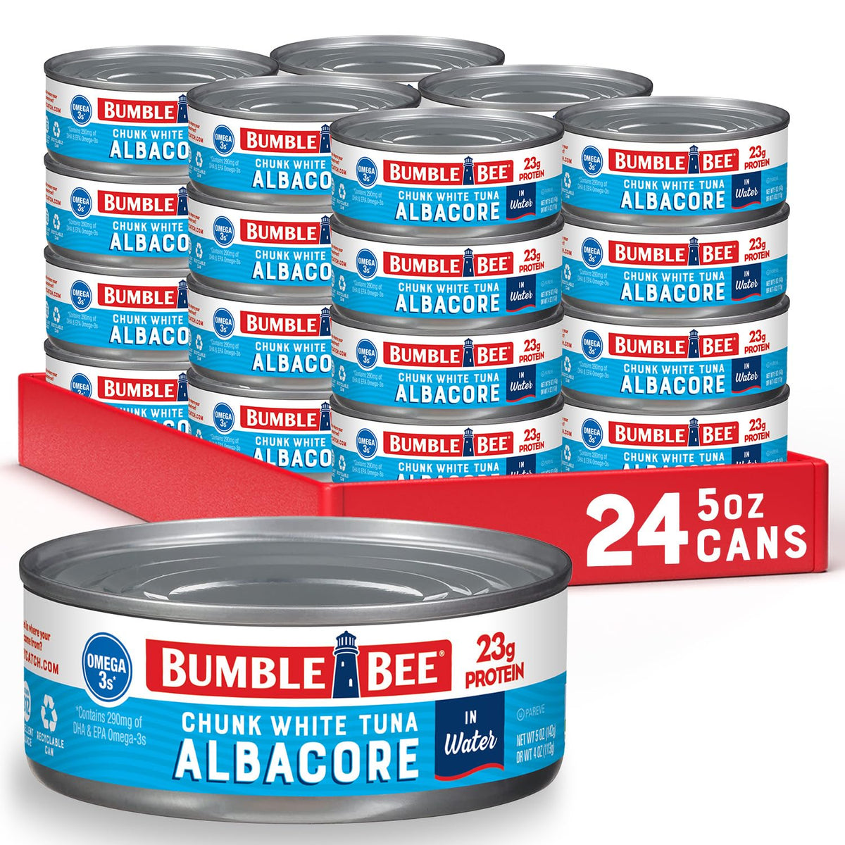 Bumble Bee Chunk White Albacore Tuna in Water, 5 oz Can (Pack of 24) – Wild Caught, 23g Protein, Omega-3s, Non-GMO, Gluten Free, Kosher