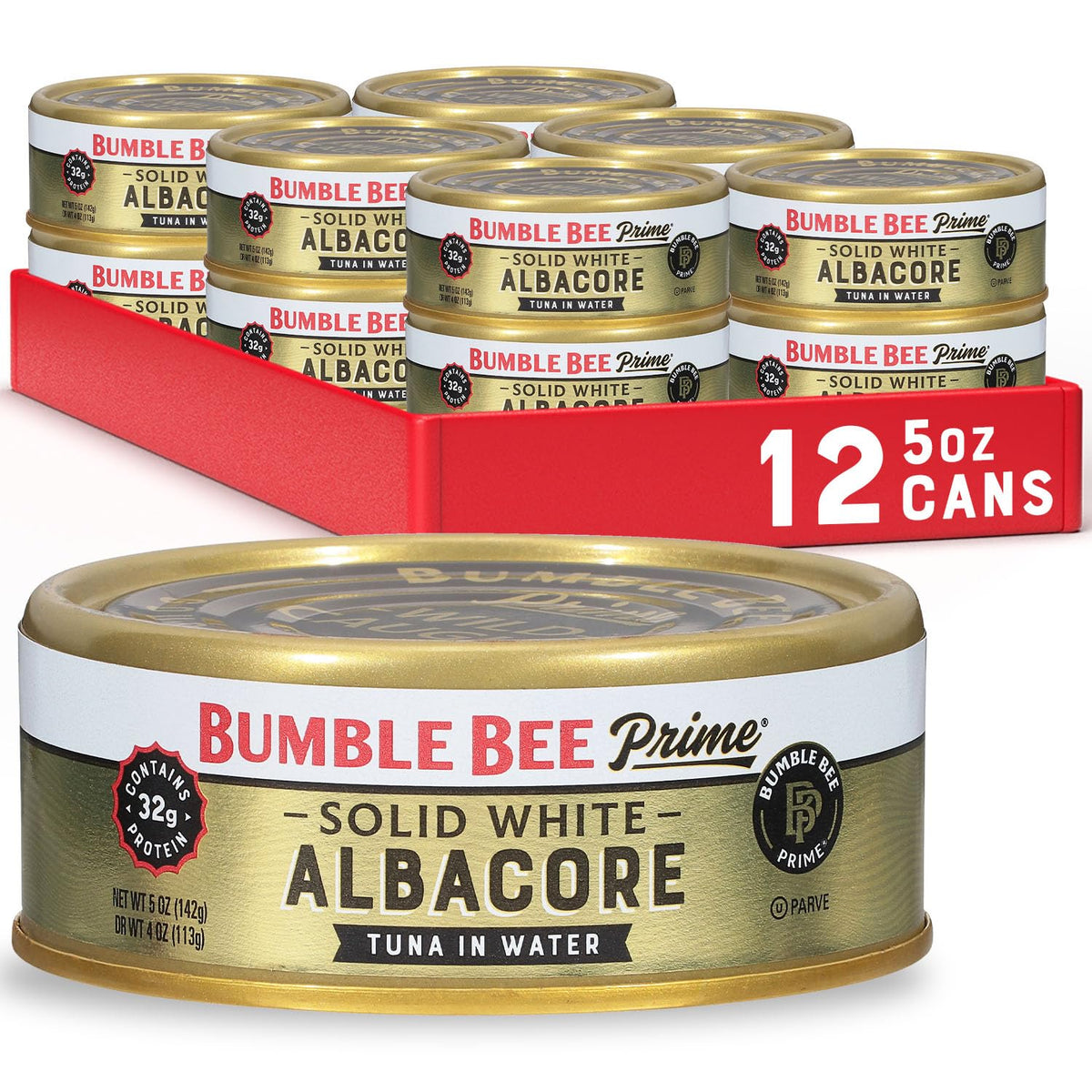 Bumble Bee Prime Solid White Albacore Tuna in Water – 5 oz Cans (Pack of 12) | Wild Caught, 31g Protein, Non-GMO, Gluten Free, Kosher