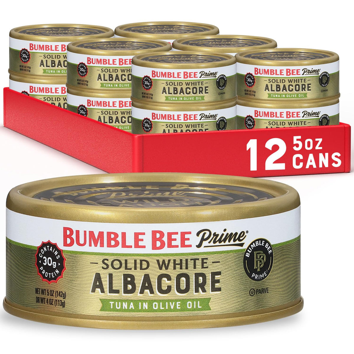 Bumble Bee Prime Solid White Albacore Tuna in Olive Oil – 5 oz Cans (Pack of 12), 30g Protein, Wild Caught, Non-GMO, Gluten Free, Kosher