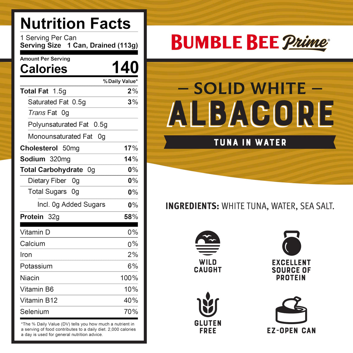 Bumble Bee Prime Solid White Albacore Tuna in Water – 5 oz Cans (Pack of 12) | Wild Caught, 31g Protein, Non-GMO, Gluten Free, Kosher