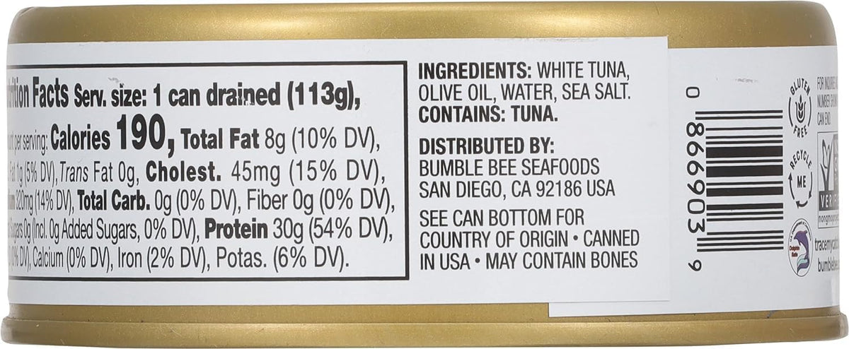 Bumble Bee Prime Solid White Albacore Tuna in Olive Oil – 5 oz Cans (Pack of 12), 30g Protein, Wild Caught, Non-GMO, Gluten Free, Kosher