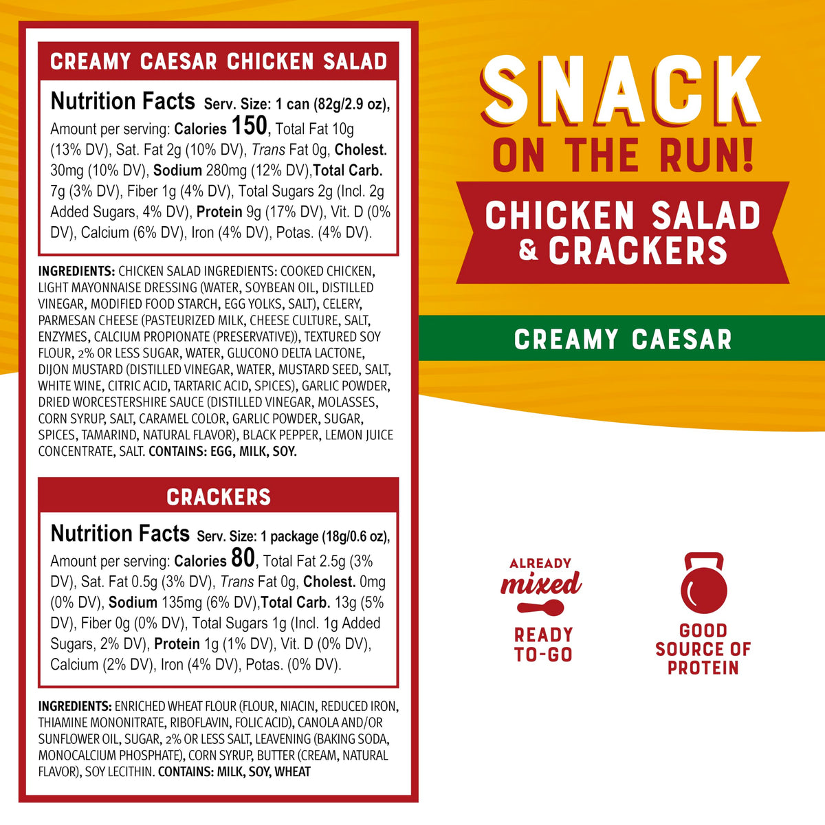 Bumble Bee Snack On The Run! Creamy Caesar Chicken Salad with Crackers – 10g Protein per Box (12 Pack)