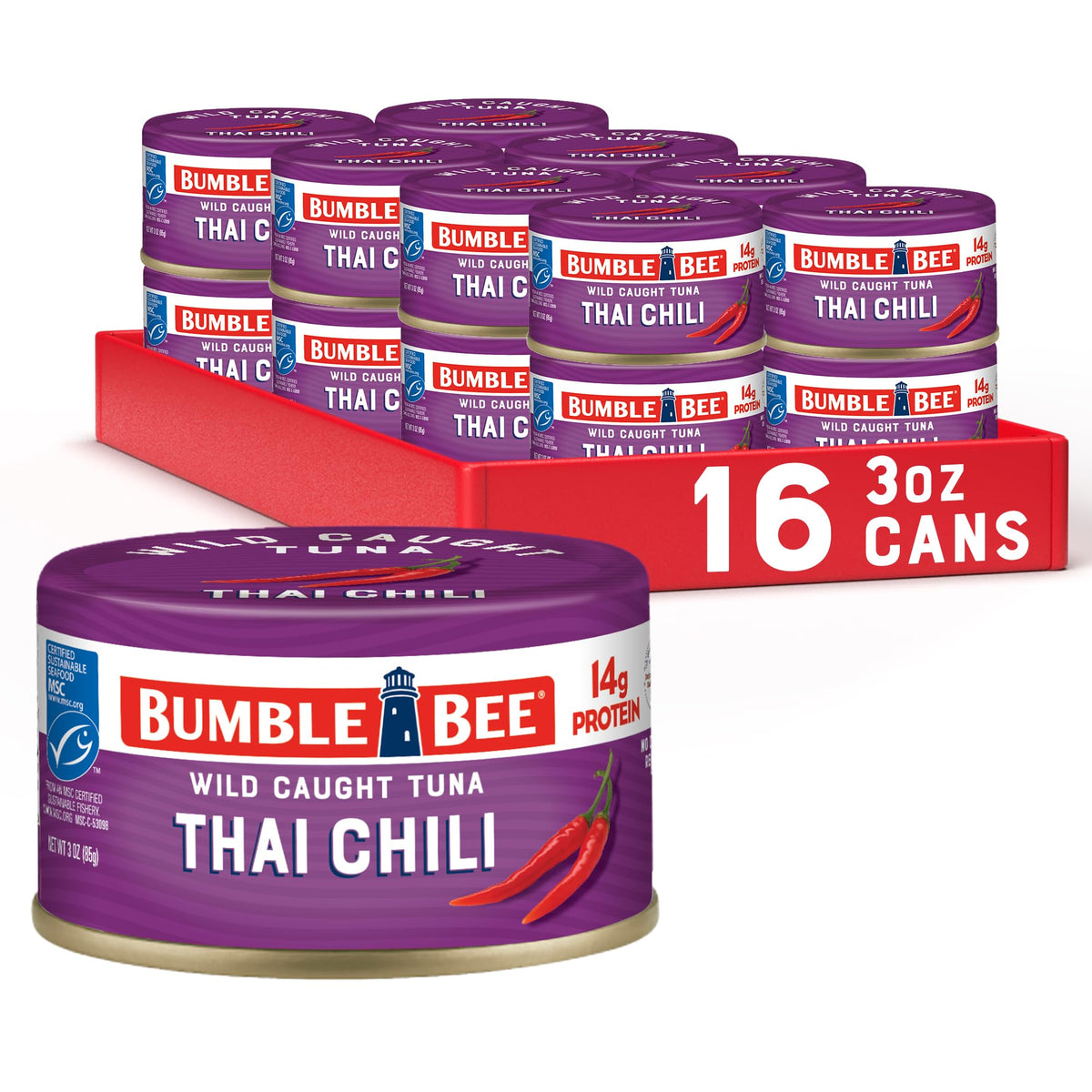 Bumble Bee Snackers Thai Chili Tuna — 14g Protein per Can, No Draining, 3 oz Easy-Open (Pack of 16)