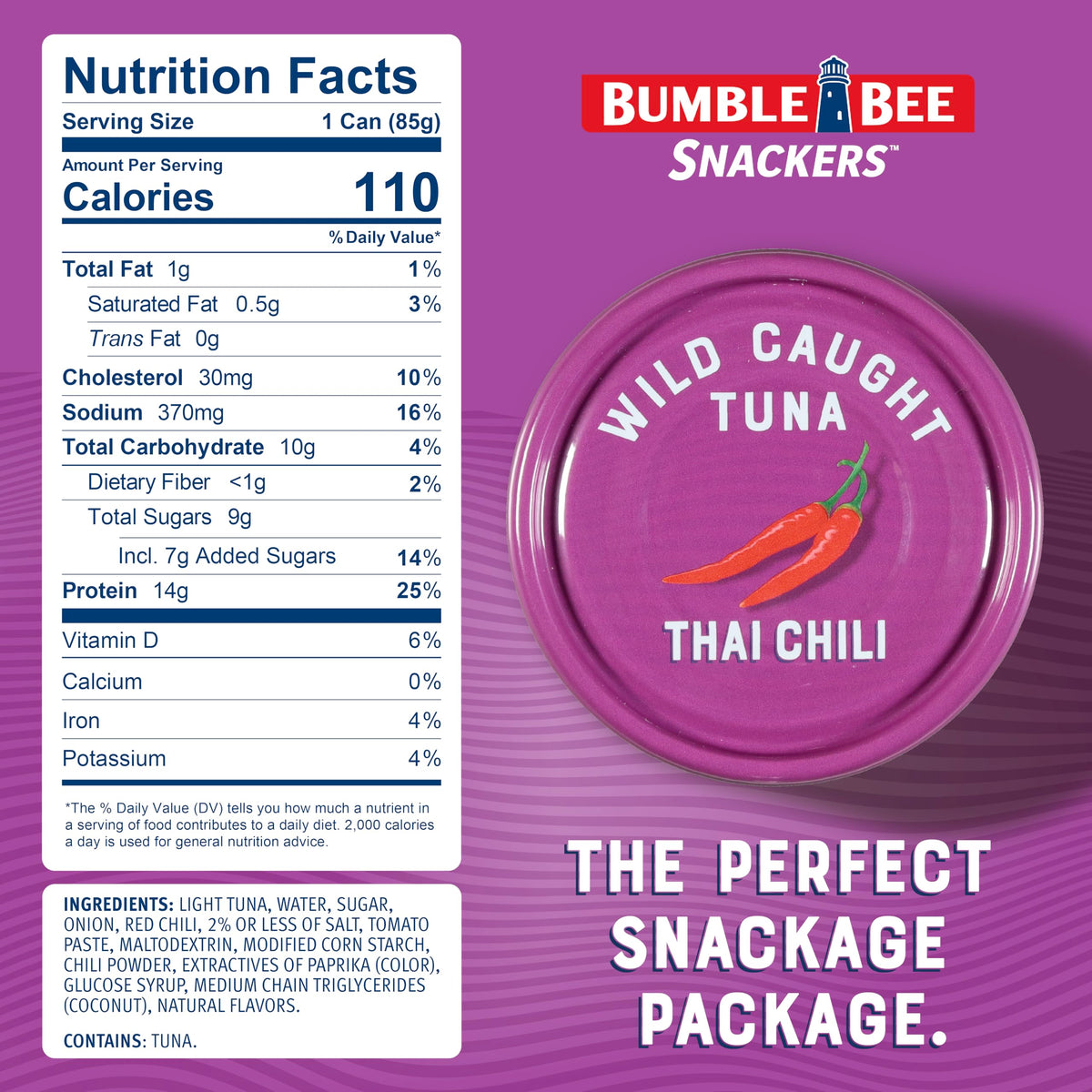 Bumble Bee Snackers Thai Chili Tuna — 14g Protein per Can, No Draining, 3 oz Easy-Open (Pack of 16)