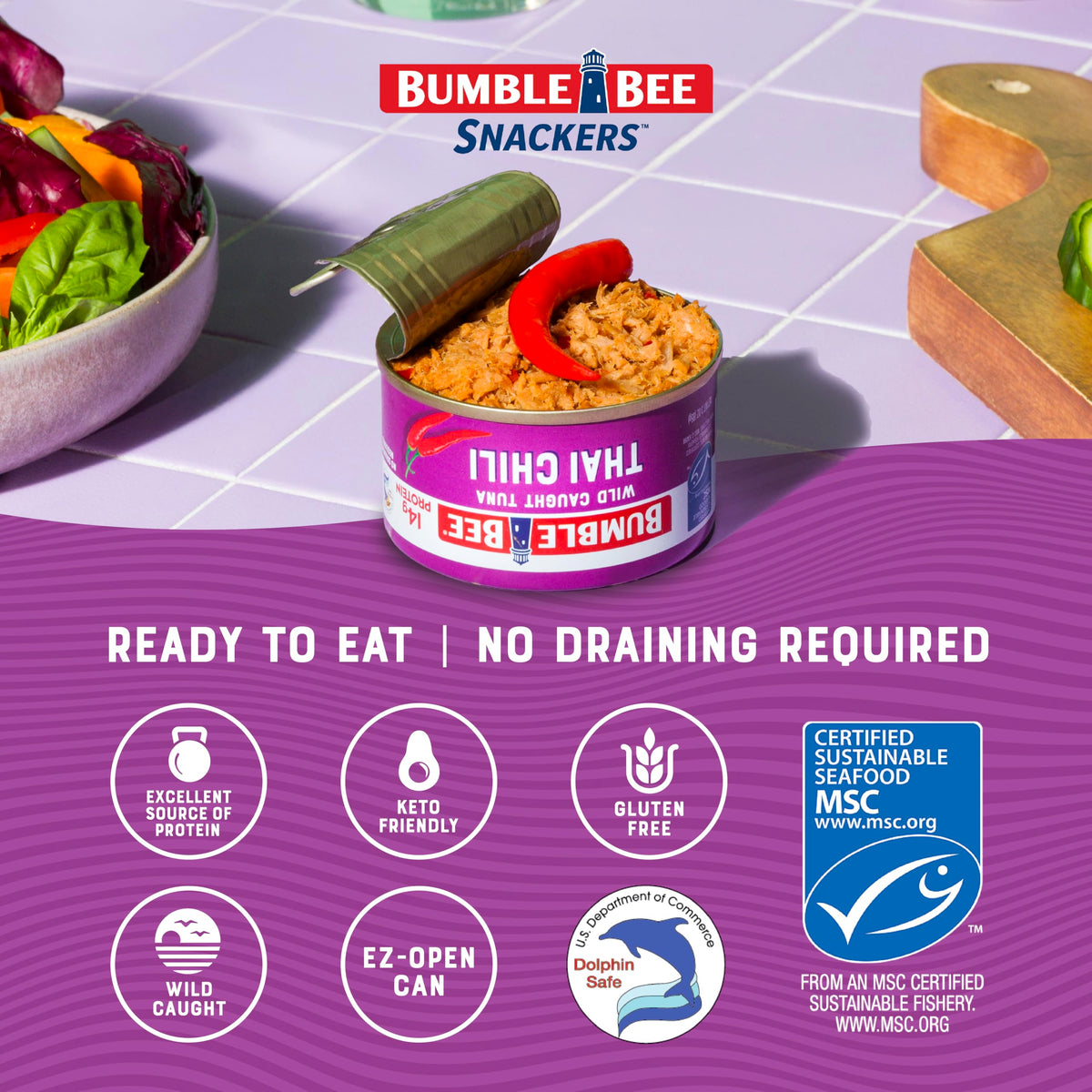 Bumble Bee Snackers Thai Chili Tuna — 14g Protein per Can, No Draining, 3 oz Easy-Open (Pack of 16)