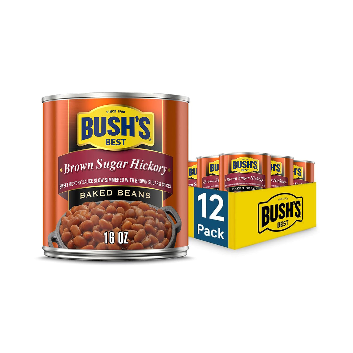 Bush's Best Brown Sugar Hickory Baked Beans – 16 oz Cans, Gluten Free, Plant-Based Protein & Fiber (Pack of 12)