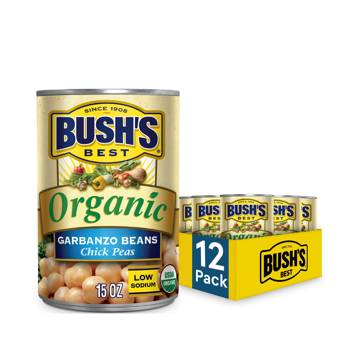 Bush's Best Organic Garbanzo Beans – 15 oz Cans, Gluten Free, Low Sodium, Plant-Based Protein (Pack of 12)