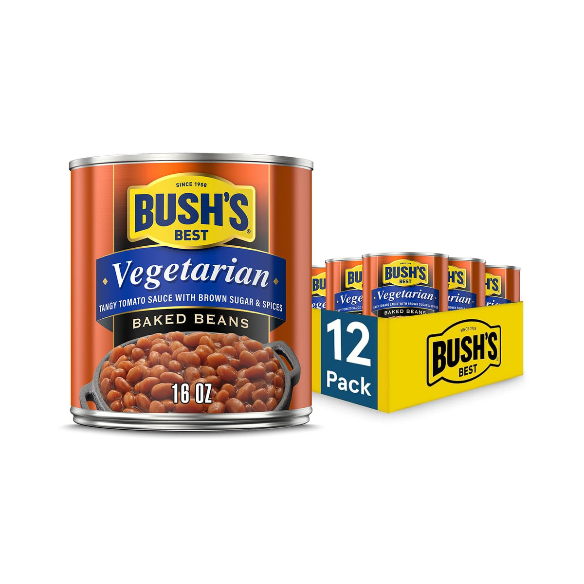Bush's Best 16 oz Canned Vegetarian Baked Beans — Plant-Based Protein, Fiber, Low Fat, Gluten Free | Pack of 12