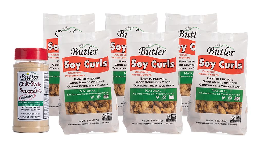 Butler Soy Curls 6 Pack – 6x8 oz Bags + 10.35 oz Chik-Style Seasoning