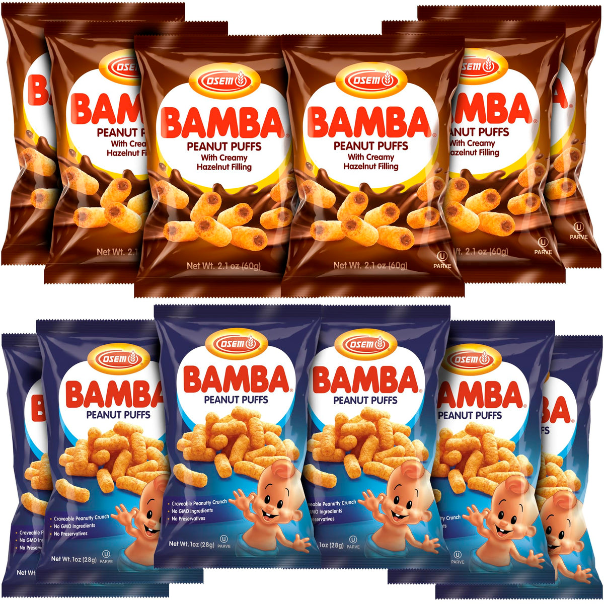 BUTO Bamba Peanut Butter Snacks – All Natural Corn Puff Duo (Hazelnut Cream & Regular) 12-Pack