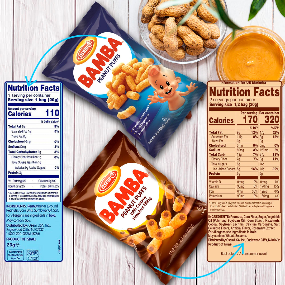 BUTO Bamba Peanut Butter Snacks – All Natural Corn Puff Duo (Hazelnut Cream & Regular) 12-Pack