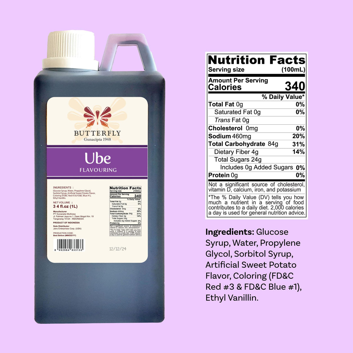 UBE Flavoring Extract 1 L (34 fl oz) Butterfly Gunacipta 1948 – Restaurant-Size for Baking & Drinks