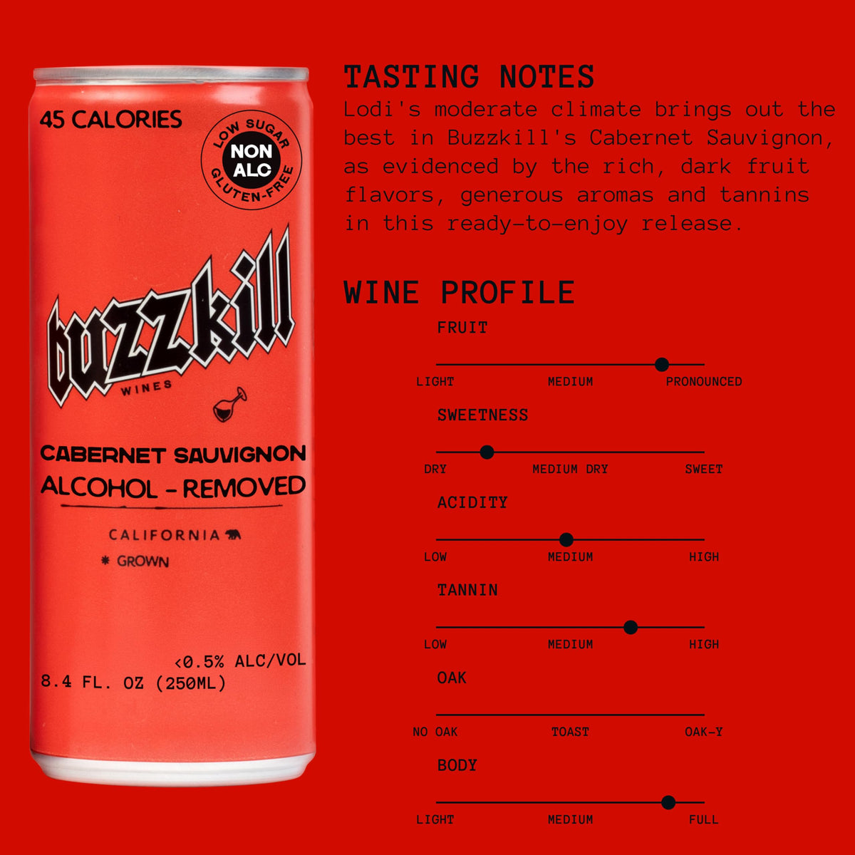 Buzzkill Wines - Non-Alcoholic Cabernet Sauvignon | California Dealcoholized Red Wine, Gluten-Free, Low Sugar, 45 Calories per Can, Pack of 4 (8.4 fl oz each)