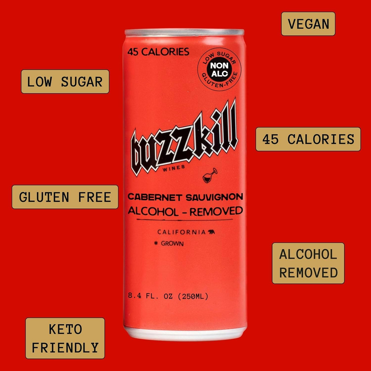 Buzzkill Wines - Non-Alcoholic Cabernet Sauvignon | California Dealcoholized Red Wine, Gluten-Free, Low Sugar, 45 Calories per Can, Pack of 4 (8.4 fl oz each)