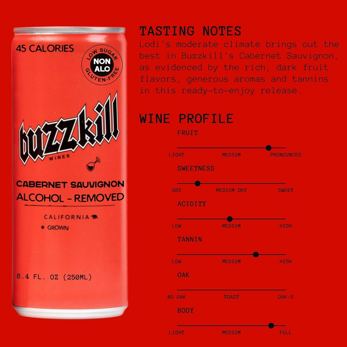 Buzzkill Wines - Non-Alcoholic Cabernet Sauvignon | California Dealcoholized Red Wine, Gluten-Free, Low Sugar, 45 Calories per Can, Pack of 4 (8.4 fl oz each)