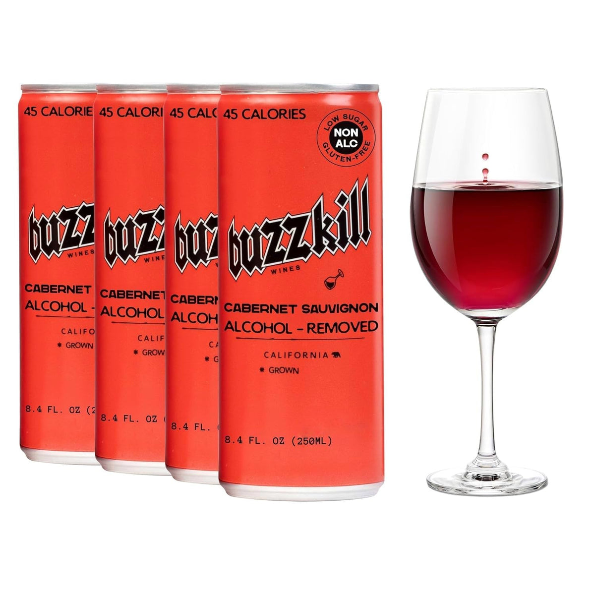 Buzzkill Wines - Non-Alcoholic Cabernet Sauvignon | California Dealcoholized Red Wine, Gluten-Free, Low Sugar, 45 Calories per Can, Pack of 4 (8.4 fl oz each)