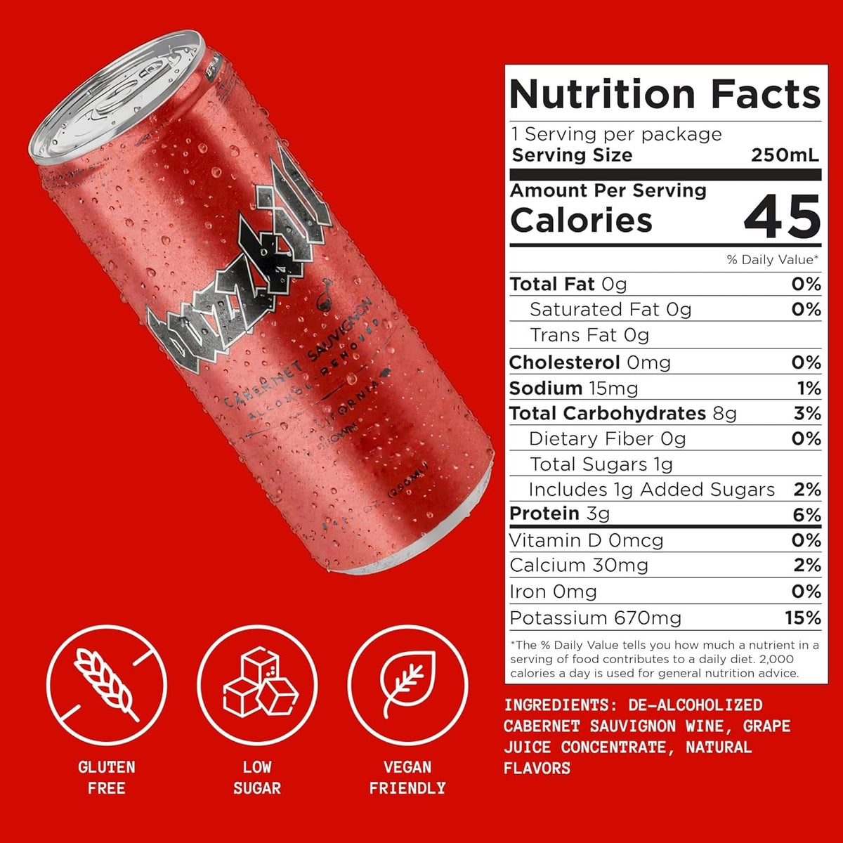 Buzzkill Wines - Non-Alcoholic Cabernet Sauvignon | California Dealcoholized Red Wine, Gluten-Free, Low Sugar, 45 Calories per Can, Pack of 4 (8.4 fl oz each)