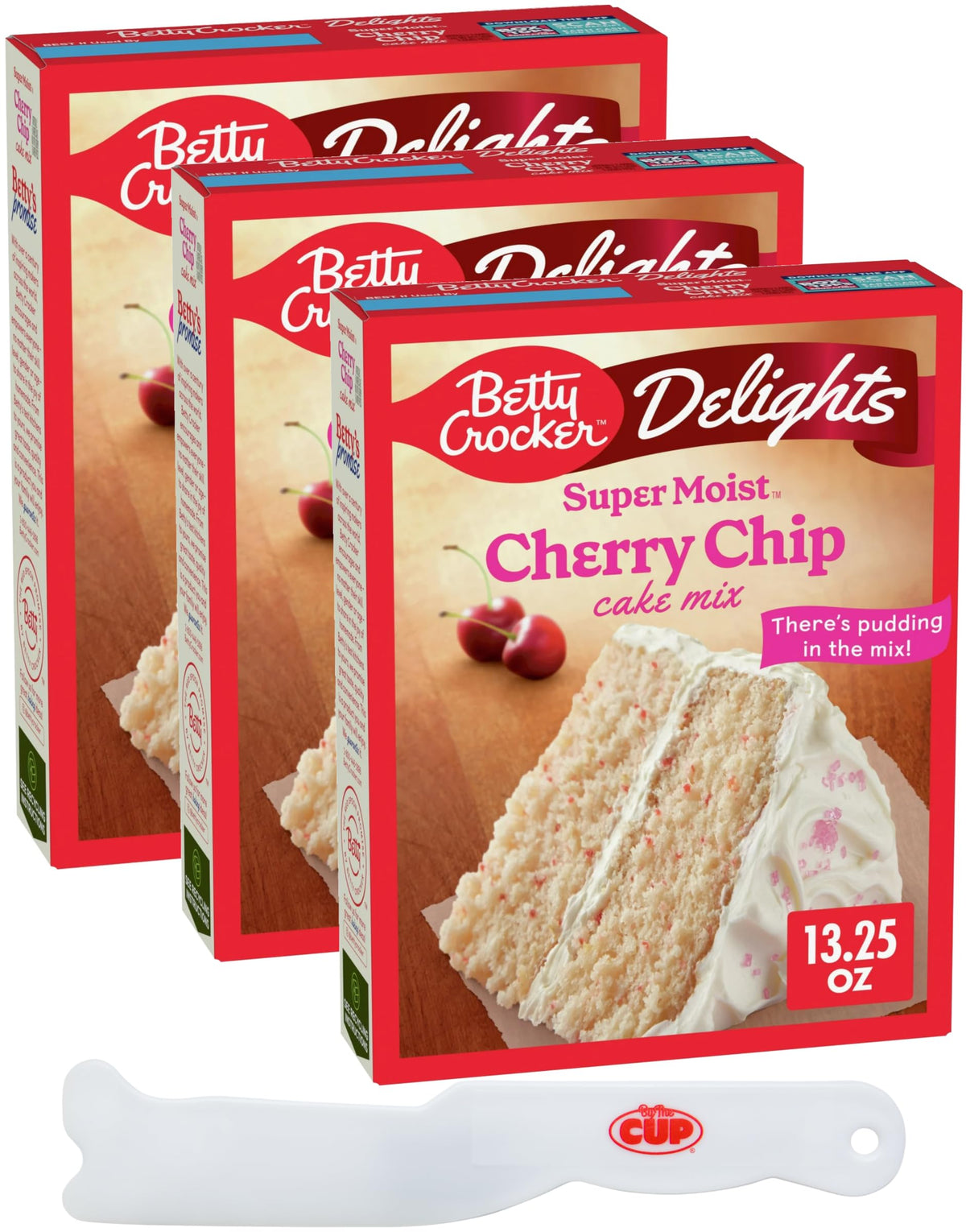 Betty Crocker Delights Cherry Chip Cake Mix (Pack of 3) with By The Cup Frosting Spreader