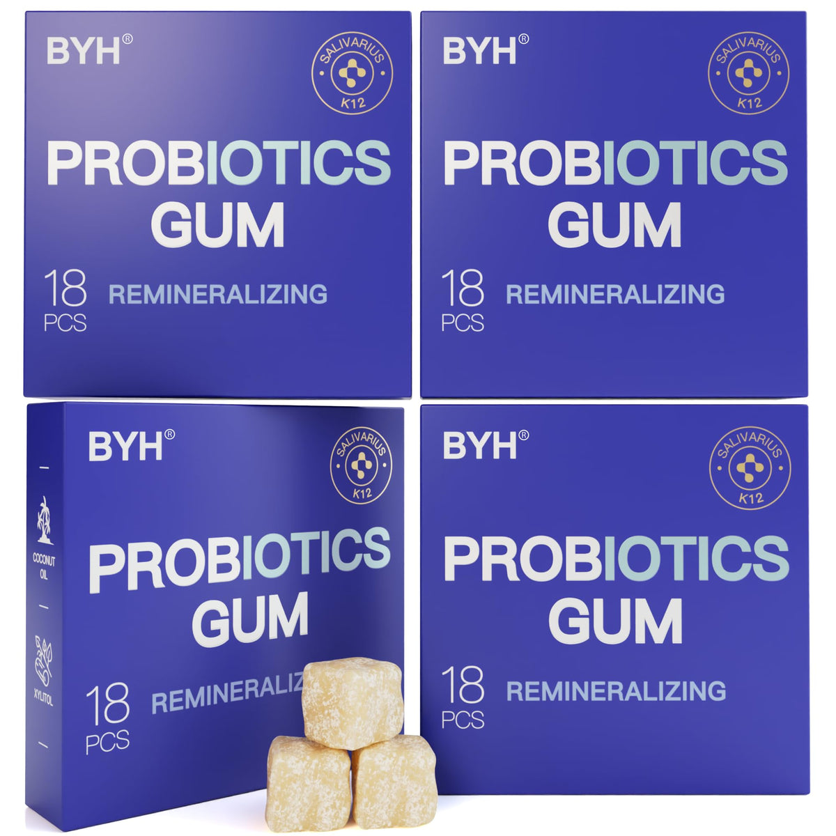 BYH Remineralizing Gum with Nano Hydroxyapatite & Probiotics – Peppermint, Sugar Free, 72 Pieces
