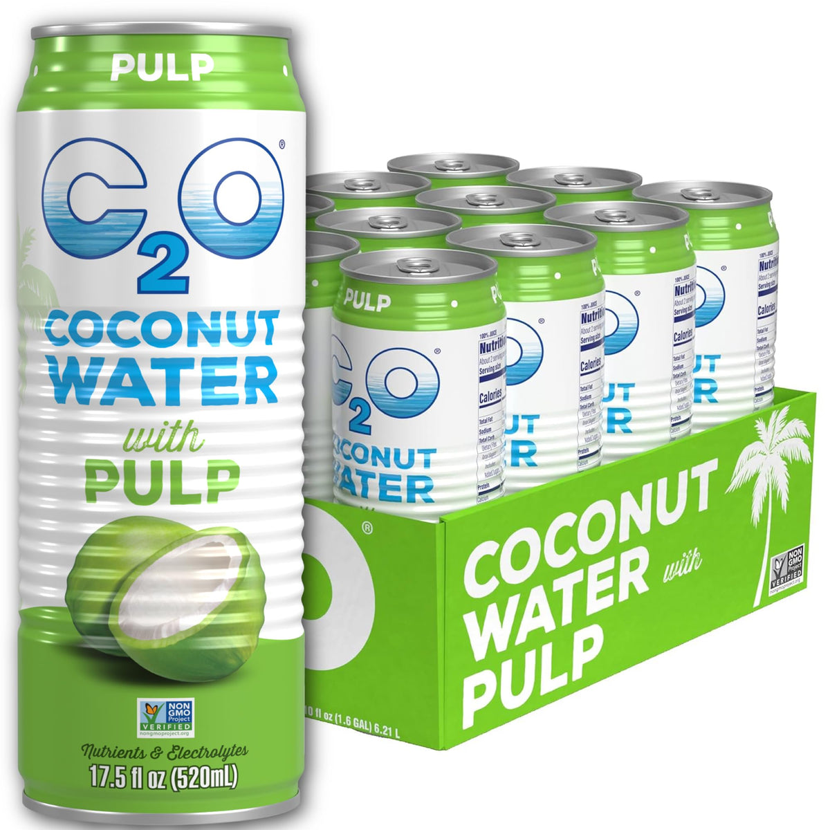 C2O Coconut Water with Pulp (12 Pack) – Fresh Coconut Water, Electrolytes & Potassium | Plant Based, Non-GMO