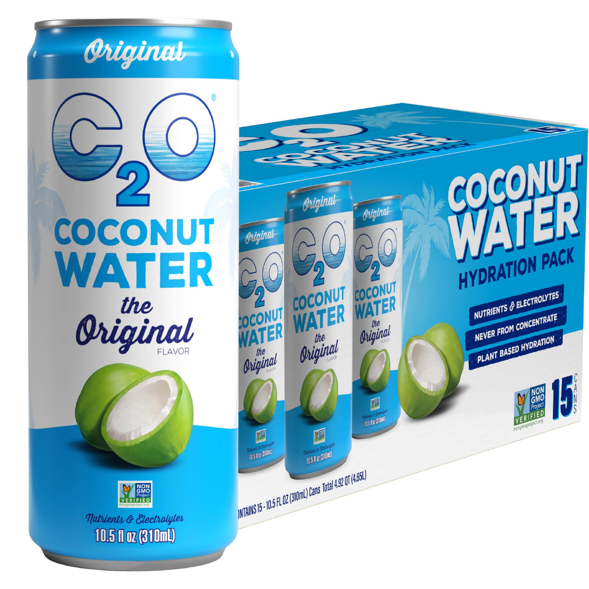 C2O Original Coconut Water - 15 Pack, 10.5 oz Cans | Natural Hydration, Electrolytes & Potassium