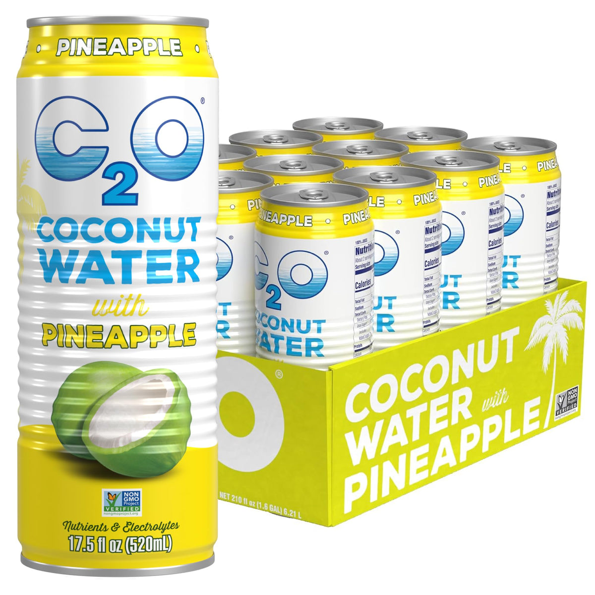 C2O Coconut Water with Pineapple – 12 Pack (17.5 oz Cans) | Fresh Coconut Water, Plant-Based Hydration