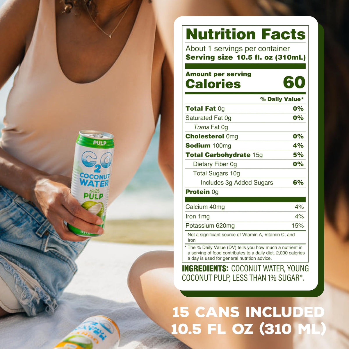 C2O Coconut Water with Pulp – Original Flavor, 15 Can Pack | Fresh Coconut Water, Natural Hydration