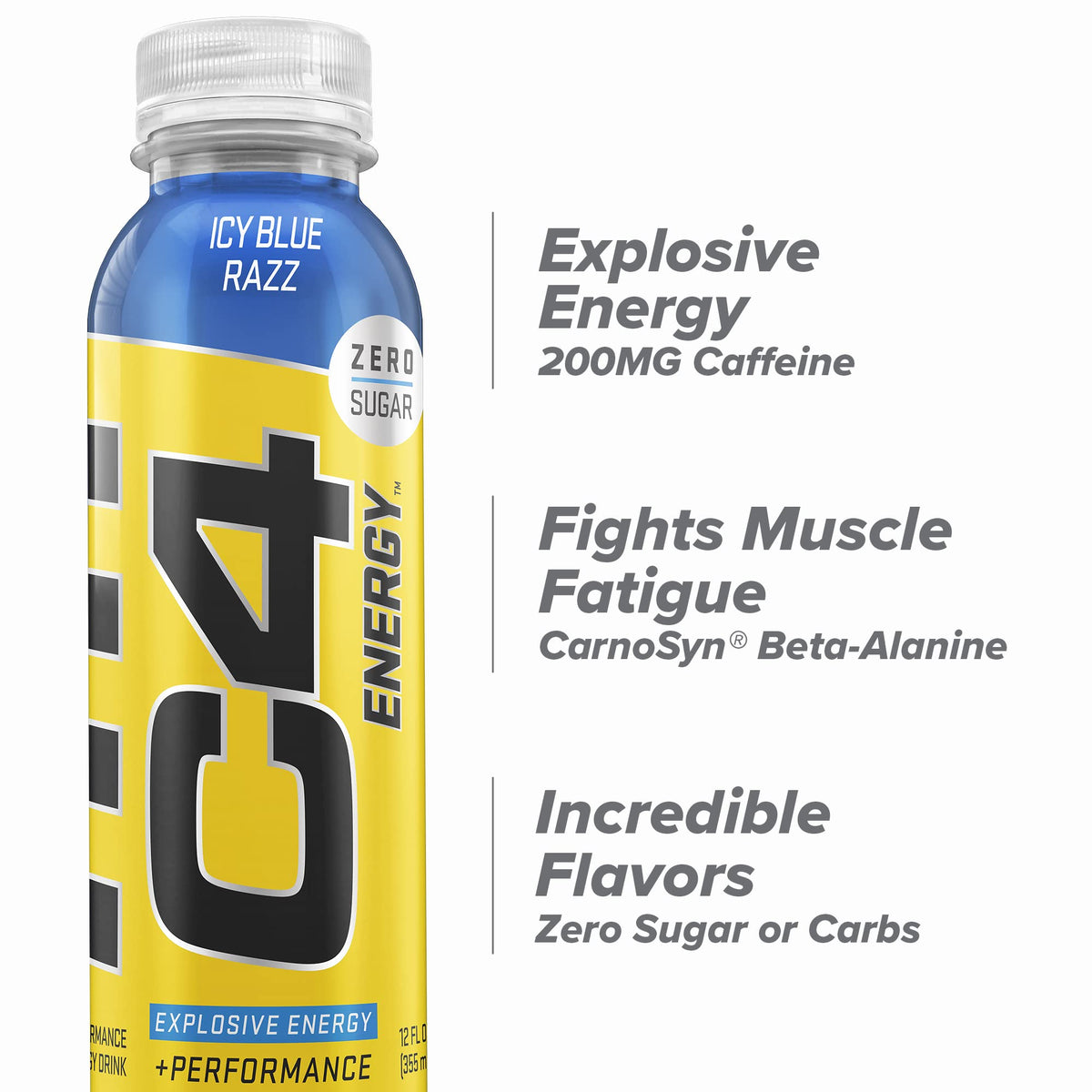 C4 Energy Non-Carbonated Zero Sugar – Icy Blue Razz Pre-Workout Drink, 12-Pack