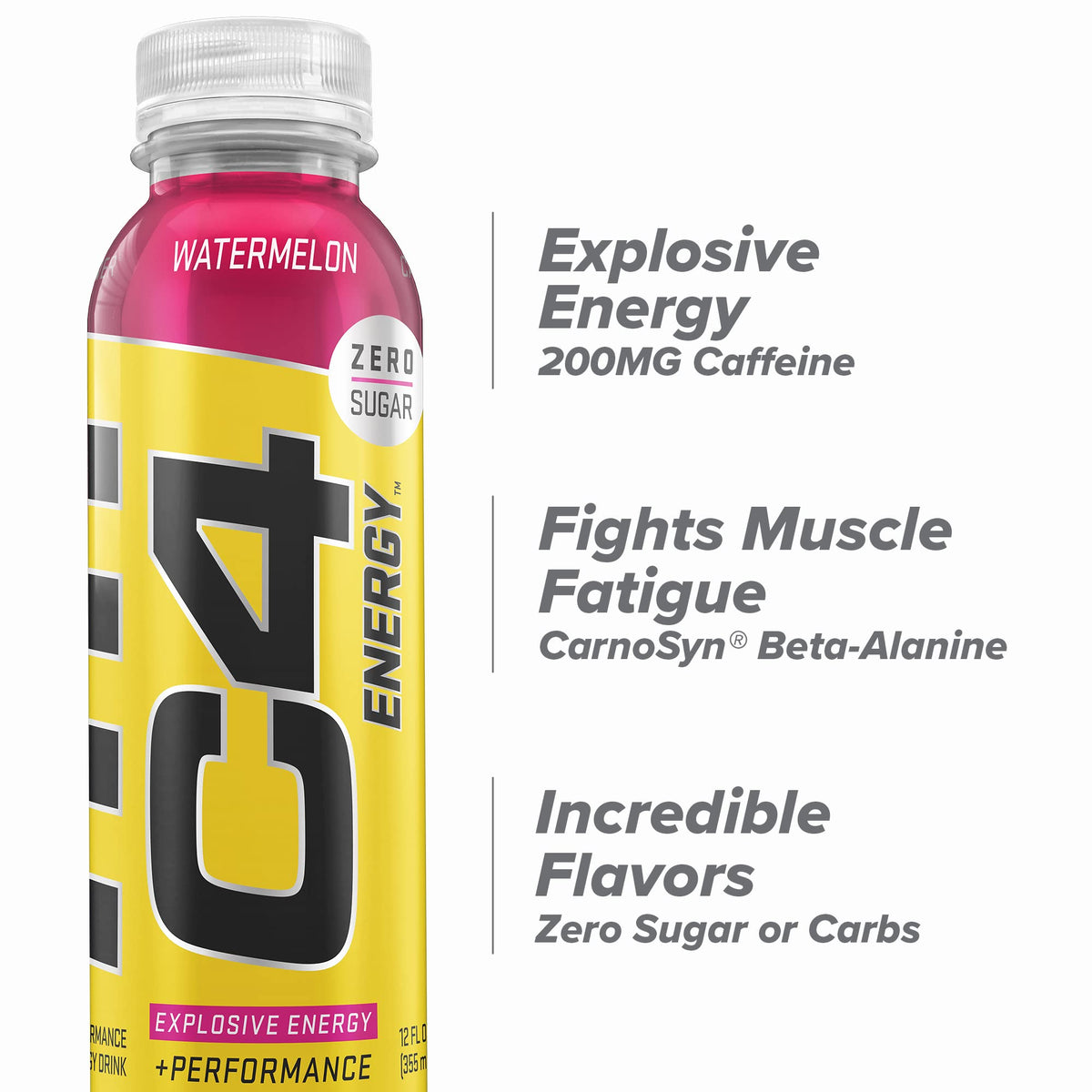 C4 Energy Non-Carbonated Zero Sugar Drink – Watermelon Flavor, 12 Fl Oz, Pack of 12