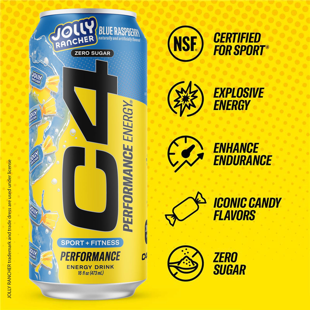 C4 Performance Energy Drink x JOLLY RANCHER Blue Raspberry – Zero Sugar, 200mg Caffeine, 16 oz (12 Pack)