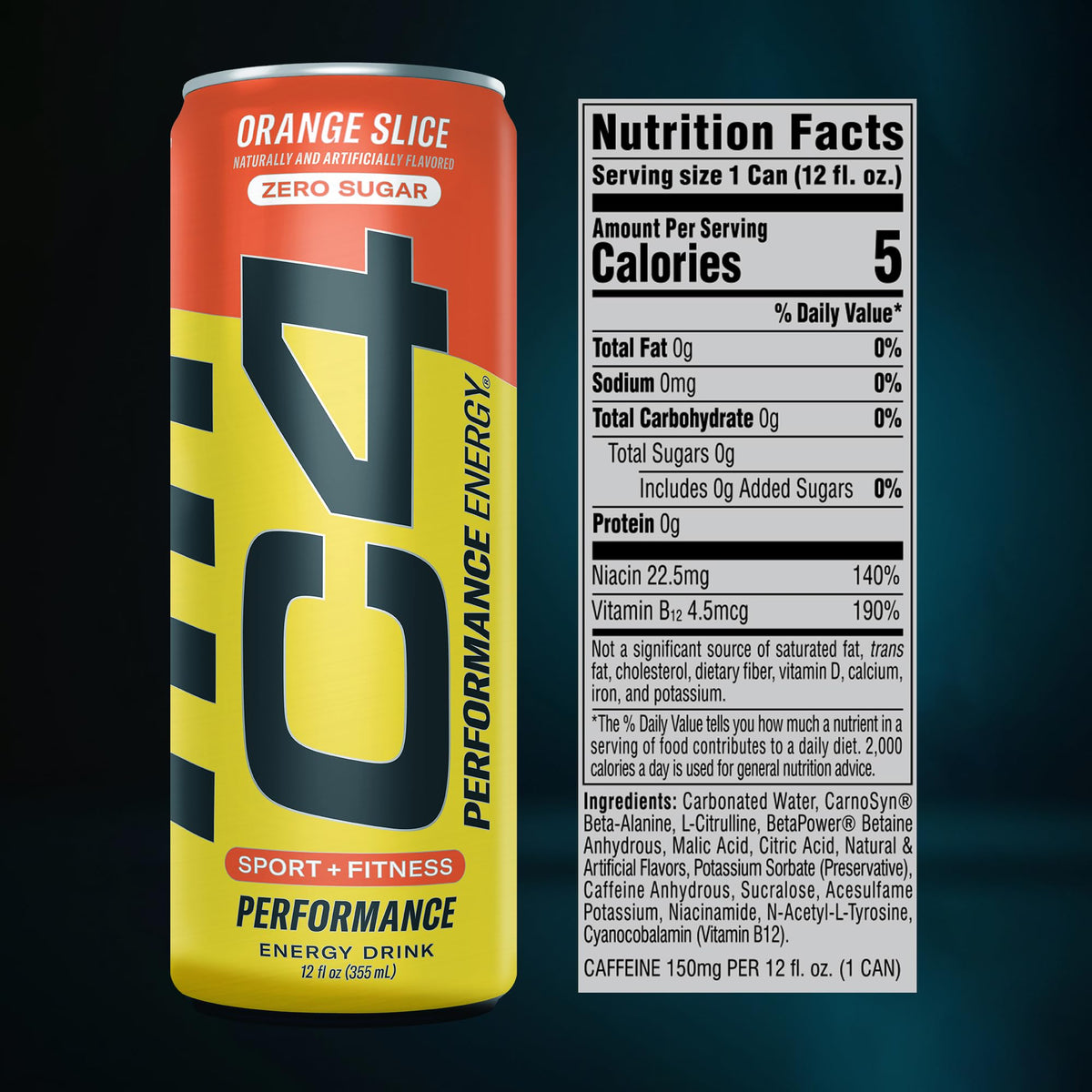 C4 Performance Energy Drink | Zero Sugar Preworkout with 150mg Caffeine (Orange Slice) | 12-Count