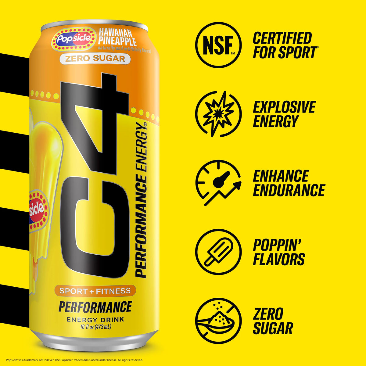C4 Performance Energy Drink – Hawaiian Pineapple Popsicle, Zero Sugar, 200mg Caffeine, 16 fl oz, 12 Pack