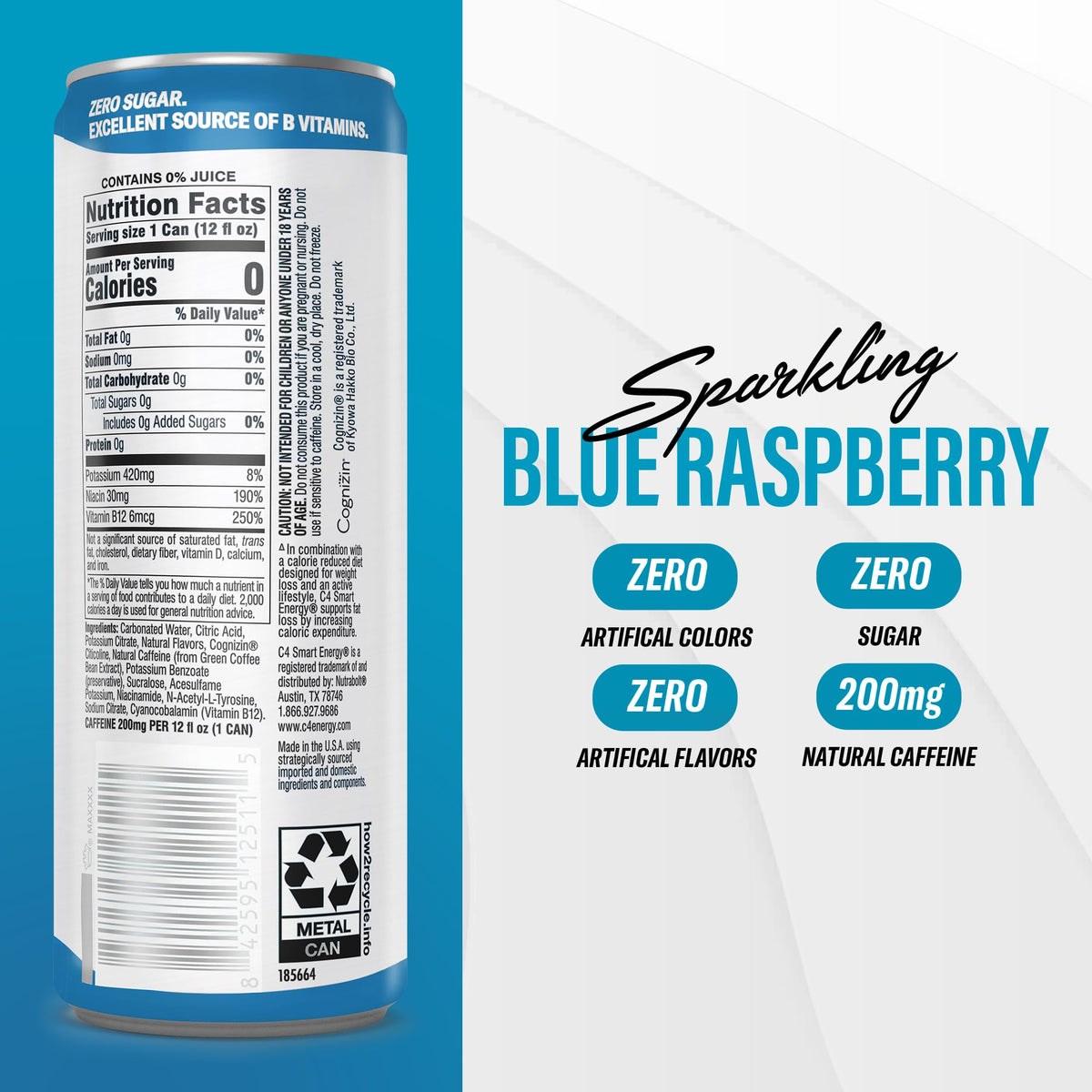 C4 Smart Energy Drink – Zero Sugar, 200mg Caffeine, Blue Raspberry (12-Pack)