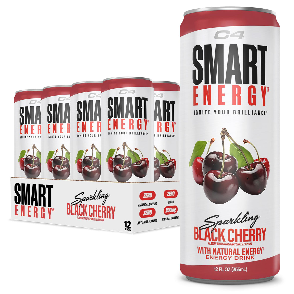 C4 Smart Energy Drink – Black Cherry (12-Pack) | 200mg Caffeine, Zero Sugar