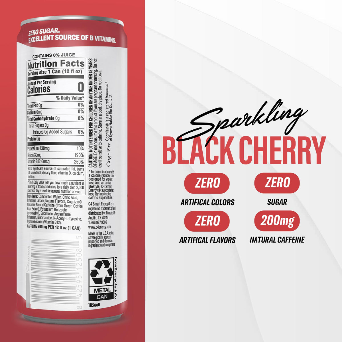 C4 Smart Energy Drink – Black Cherry (12-Pack) | 200mg Caffeine, Zero Sugar