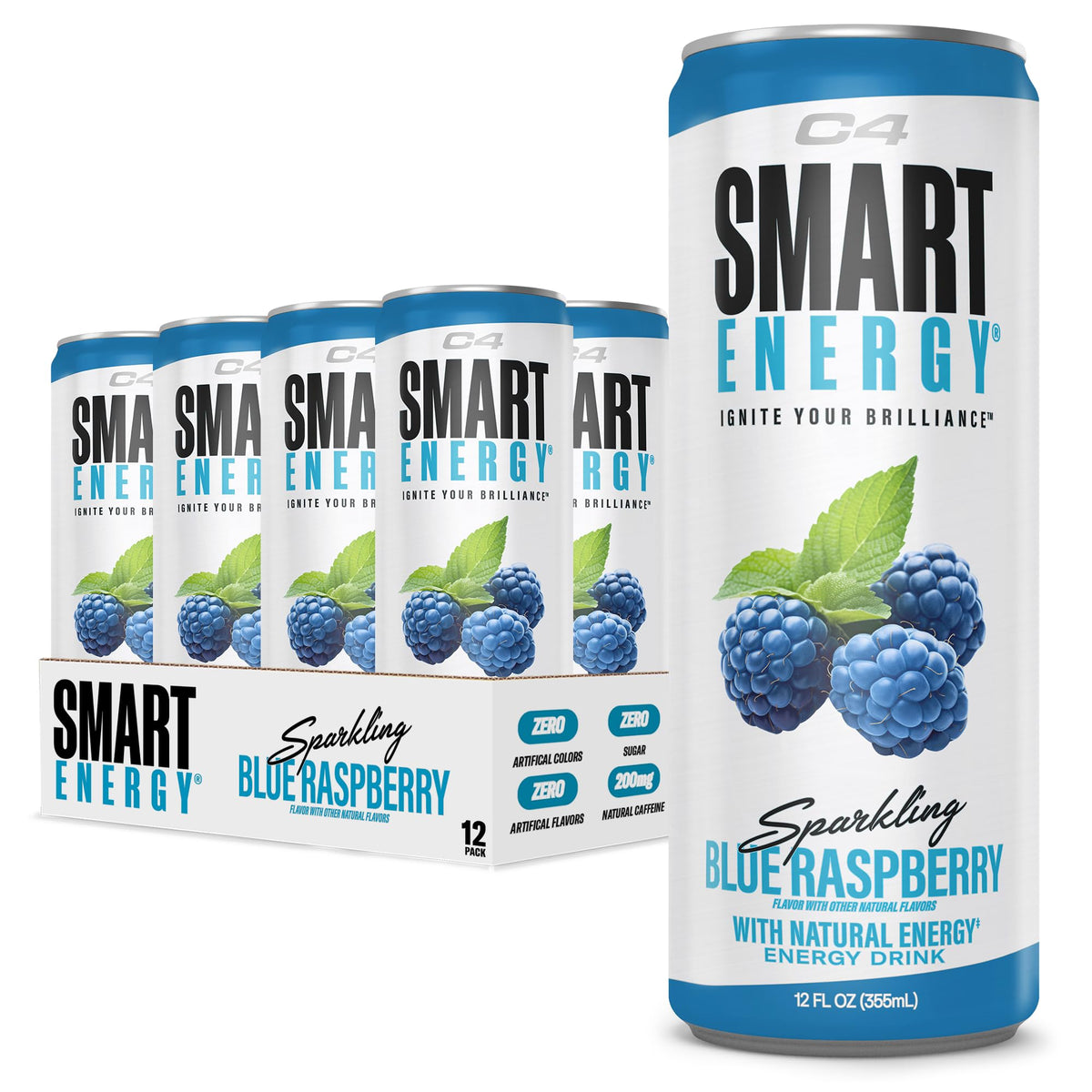 C4 Smart Energy Drink – Zero Sugar, 200mg Caffeine, Blue Raspberry (12-Pack)