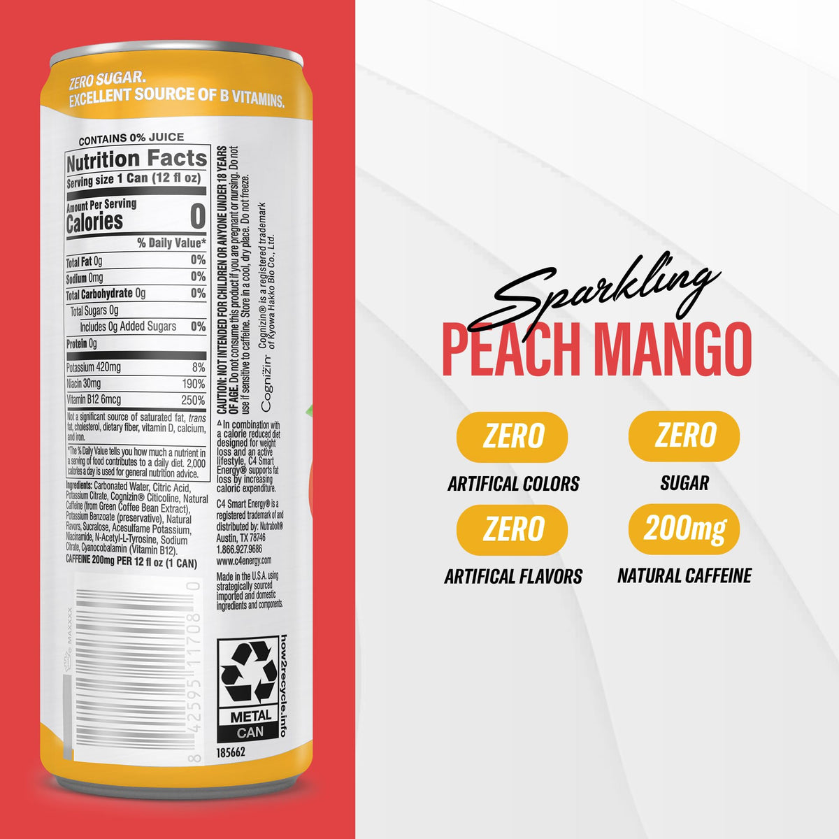C4 Smart Energy Drink Peach Mango – Zero Sugar, 200 mg Caffeine, Natural Energy & Cognizin – 12 Pack