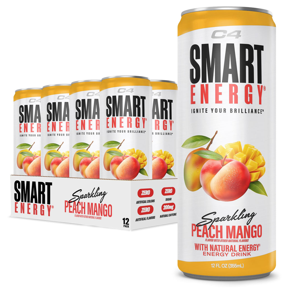 C4 Smart Energy Drink Peach Mango – Zero Sugar, 200 mg Caffeine, Natural Energy & Cognizin – 12 Pack