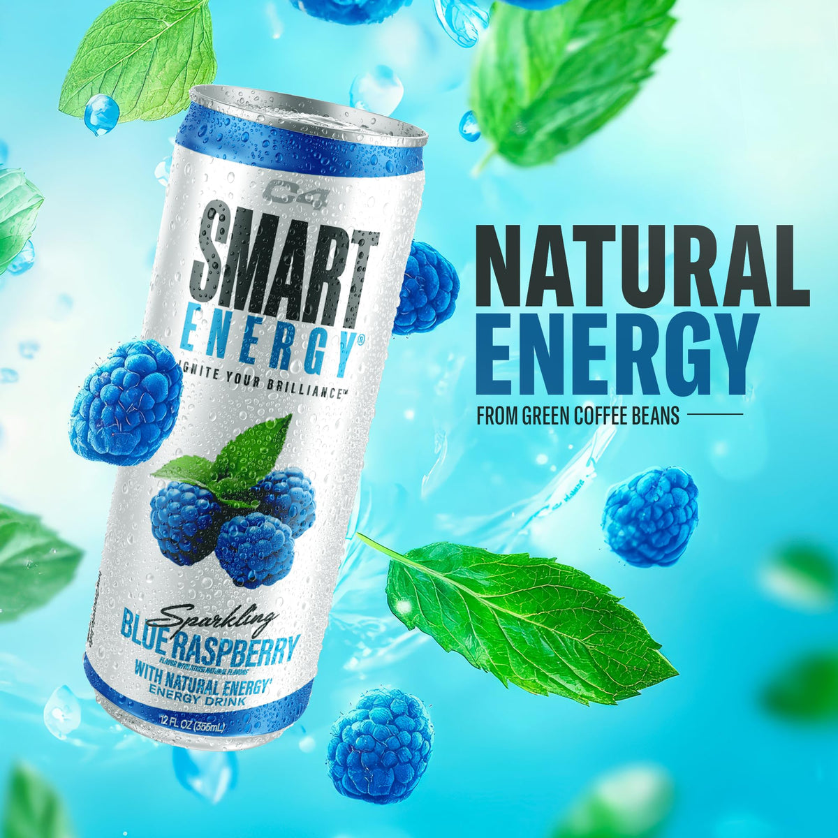 C4 Smart Energy Drink – Zero Sugar, 200mg Caffeine, Blue Raspberry (12-Pack)