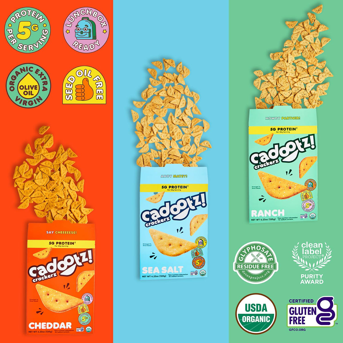 cadootz Variety Pack – Organic Protein Kids Snack (5g Protein) | Gluten Free, Kosher, No Seed Oils | 3 Pack