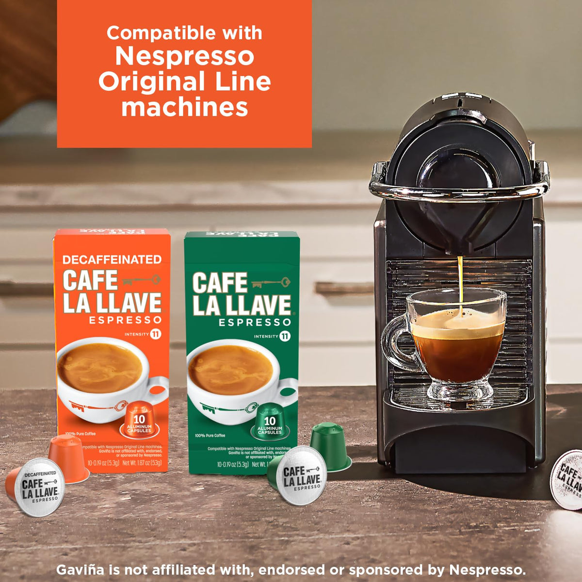 Cafe La Llave Decaf Latin-Style Espresso Pods — 40 Aluminum Capsules, Nespresso Original Line Compatible