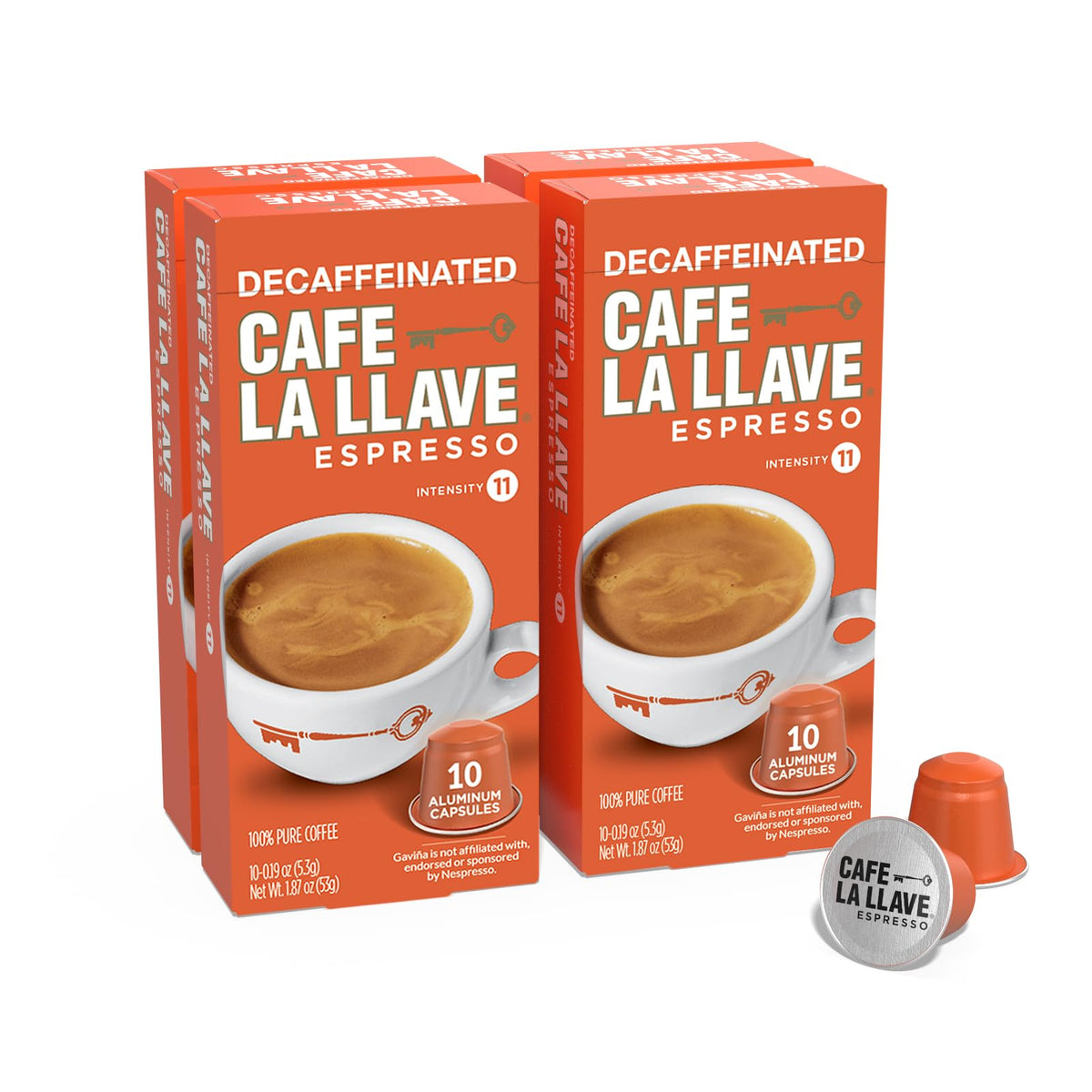 Cafe La Llave Decaf Latin-Style Espresso Pods — 40 Aluminum Capsules, Nespresso Original Line Compatible