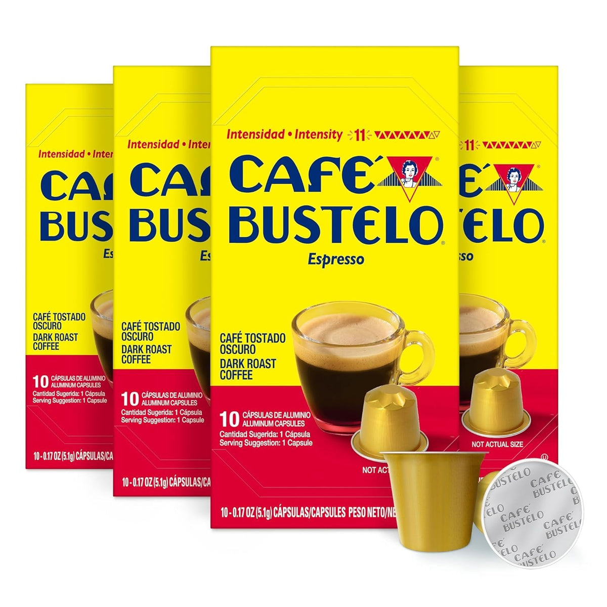 Cafe Bustelo Aluminum Espresso Capsules - Dark Roast, Intens. 11, Nespresso Original Compatible, 40 Count