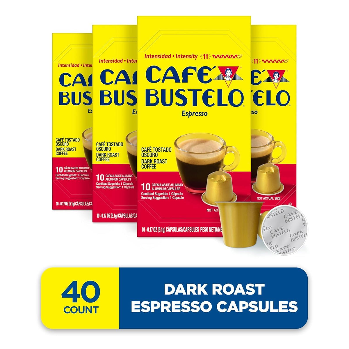 Cafe Bustelo Aluminum Espresso Capsules - Dark Roast, Intens. 11, Nespresso Original Compatible, 40 Count