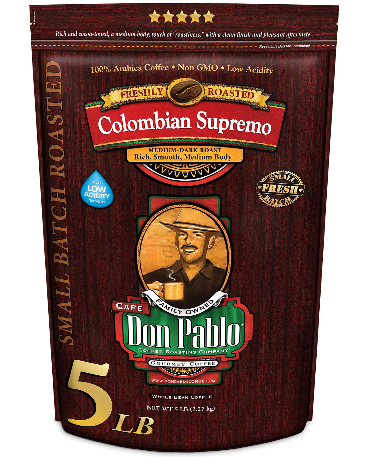 Cafe Don Pablo 5 lb Colombian Supremo Whole Bean Arabica Coffee – Medium-Dark Roast
