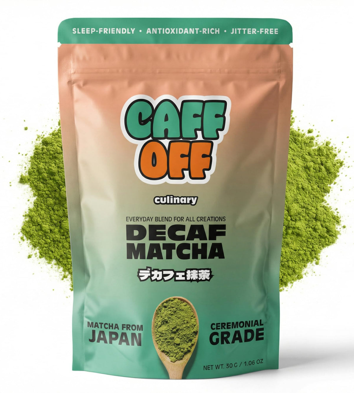 Caff Off Decaf Matcha – Naturally Decaffeinated Japanese Matcha, First Harvest, No Chemicals (1.06 oz / 30 g)