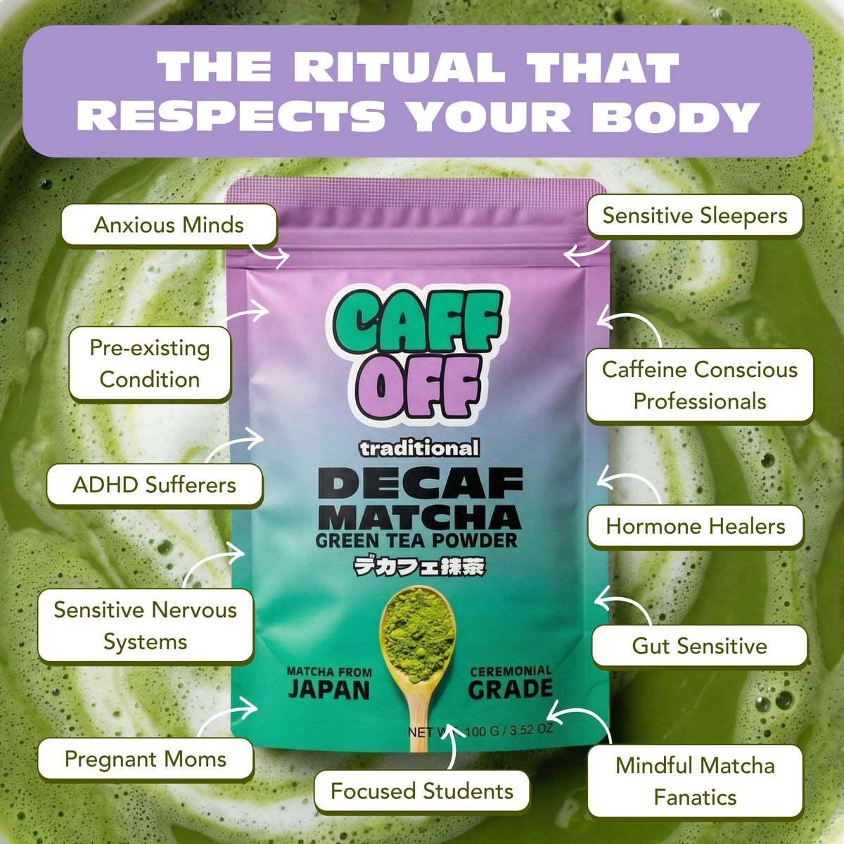 Caff Off Decaf Matcha Powder – Ceremonial Grade, Japan-Sourced (1.06 oz)