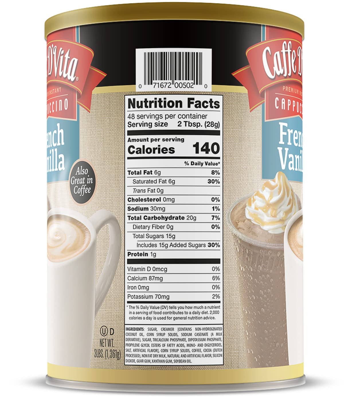 Caffe D'Vita French Vanilla Cappuccino Mix – Instant Sugar-Free Cappuccino, Gluten Free, 99% Caffeine Free, 3 lb Can