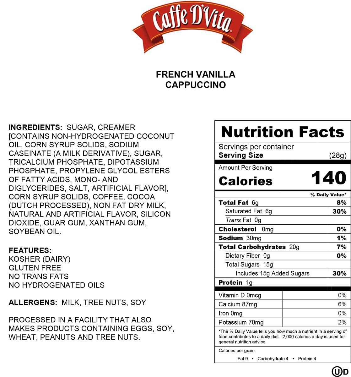 Caffe D'Vita French Vanilla Cappuccino Mix – Instant Sugar-Free Cappuccino, Gluten Free, 99% Caffeine Free, 3 lb Can